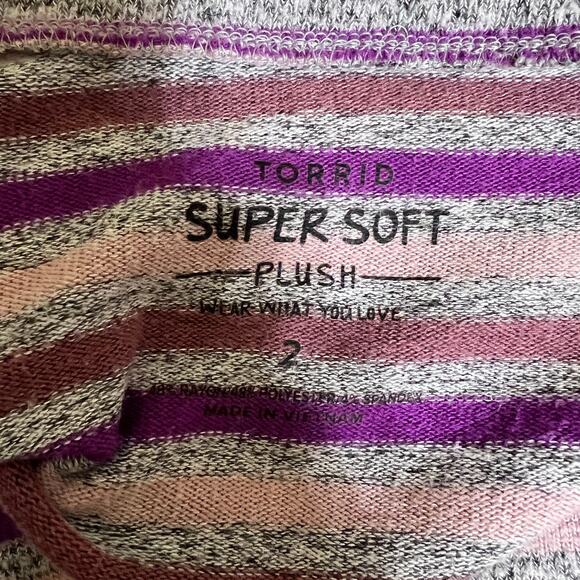 Torrid 3/4 Sleeve Crew Neck Super Soft Plush Top Purple Multi Stripe Size 2 - Picture 12 of 12
